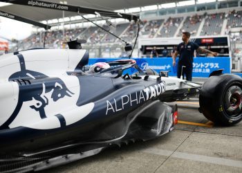 SUZUKA, JAPAN - SEPTEMBER 22: Liam Lawson of New Zealand driving the (40) Scuderia AlphaTauri AT04 leaves the garage during practice ahead of the F1 Grand Prix of Japan at Suzuka International Racing Course on September 22, 2023 in Suzuka, Japan. (Photo by Rudy Carezzevoli/Getty Images) // Getty Images / Red Bull Content Pool // SI202309220189 // Usage for editorial use only //