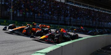SAO PAULO, BRAZIL - NOVEMBER 04: Max Verstappen of the Netherlands driving the (1) Oracle Red Bull Racing RB19 leads Lando Norris of Great Britain driving the (4) McLaren MCL60 Mercedes on track during the Sprint ahead of the F1 Grand Prix of Brazil at Autodromo Jose Carlos Pace on November 04, 2023 in Sao Paulo, Brazil. (Photo by Rudy Carezzevoli/Getty Images) // Getty Images / Red Bull Content Pool // SI202311040516 // Usage for editorial use only //