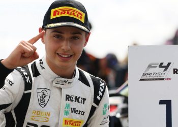 Louis Sharp celebrating first place in British F4 Championship