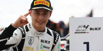 Louis Sharp celebrating first place in British F4 Championship