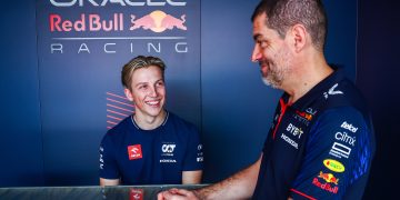 ABU DHABI, UNITED ARAB EMIRATES - NOVEMBER 24: Liam Lawson of New Zealand and Scuderia AlphaTauri talks with Guillaume Rocquelin, Head of Driver Academy at Red Bull Racing in the Paddock prior to practice ahead of the F1 Grand Prix of Abu Dhabi at Yas Marina Circuit on November 24, 2023 in Abu Dhabi, United Arab Emirates. (Photo by Mark Thompson/Getty Images) // Getty Images / Red Bull Content Pool // SI202311240728 // Usage for editorial use only //