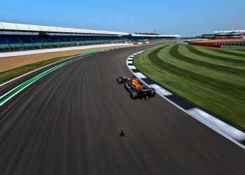 Liam Lawson of the New Zealand seen form the Red Bull Drone 1 piloted by Shaggy FPV Ralph Hogenbrik of the Netherlands in Silverstone, Great Britain on February 13, 2024. // Joerg Mitter / Red Bull Content Pool // SI202402270361 // Usage for editorial use only //