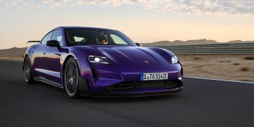 2024 Porsche Taycan Turbo GT with Weissach package driving on track