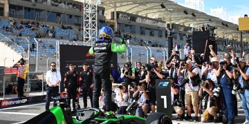 BAHRAIN, BAHRAIN - MARCH 02: Race winner Zane Maloney of Barbados and Rodin Motorsport (5) celebrates in parc ferme during the Round 1 Sakhir Feature race of the Formula 2 Championship at Bahrain International Circuit on March 02, 2024 in Bahrain, Bahrain. (Photo by Pauline Ballet - Formula 1/Formula Motorsport Limited via Getty Images)