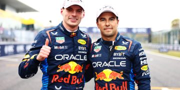 SUZUKA, JAPAN - APRIL 06: Pole position qualifier Max Verstappen of the Netherlands and Oracle Red Bull Racing and Second placed qualifier Sergio Perez of Mexico and Oracle Red Bull Racing celebrate in parc ferme during qualifying ahead of the F1 Grand Prix of Japan at Suzuka International Racing Course on April 06, 2024 in Suzuka, Japan. (Photo by Mark Thompson/Getty Images) // Getty Images / Red Bull Content Pool // SI202404060255 // Usage for editorial use only //