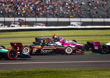 #3: Scott McLaughlin, Team Penske Chevrolet, #60: Felix Rosenqvist, Meyer Shank Racing Honda, #20: Christian Rasmussen, Ed Carpenter Racing Chevrolet