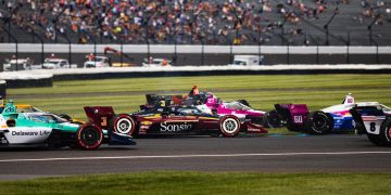 #3: Scott McLaughlin, Team Penske Chevrolet, #60: Felix Rosenqvist, Meyer Shank Racing Honda, #20: Christian Rasmussen, Ed Carpenter Racing Chevrolet