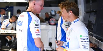 SPA, BELGIUM - JULY 25: Alan Permane, Team Principal of Visa Cash App Racing Bulls and Liam Lawson of New Zealand and Visa Cash App Racing Bulls talk in the garage during Sprint qualifying ahead of the F1 Grand Prix of Belgium at Circuit de Spa-Francorchamps on July 25, 2025 in Spa, Belgium. (Photo by Rudy Carezzevoli/Getty Images) // Getty Images / Red Bull Content Pool // SI202507251129 // Usage for editorial use only //