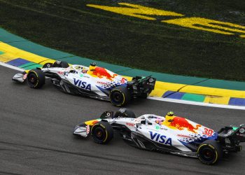 SAO PAULO, BRAZIL - NOVEMBER 08: Isack Hadjar of France driving the (6) Visa Cash App Racing Bulls VCARB 02 leads Liam Lawson of New Zealand driving the (30) Visa Cash App Racing Bulls VCARB 02 on track during the Sprint ahead of the F1 Grand Prix of Brazil at Autodromo Jose Carlos Pace on November 08, 2025 in Sao Paulo, Brazil. (Photo by Zak Mauger/LAT Images) // Getty Images / Red Bull Content Pool // SI202511080392 // Usage for editorial use only //