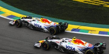 SAO PAULO, BRAZIL - NOVEMBER 08: Isack Hadjar of France driving the (6) Visa Cash App Racing Bulls VCARB 02 leads Liam Lawson of New Zealand driving the (30) Visa Cash App Racing Bulls VCARB 02 on track during the Sprint ahead of the F1 Grand Prix of Brazil at Autodromo Jose Carlos Pace on November 08, 2025 in Sao Paulo, Brazil. (Photo by Zak Mauger/LAT Images) // Getty Images / Red Bull Content Pool // SI202511080392 // Usage for editorial use only //