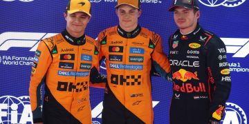 LUSAIL CITY, QATAR - NOVEMBER 29: Pole position qualifier Oscar Piastri of Australia and McLaren Second placed qualifier Lando Norris of Great Britain and McLaren and Third placed qualifier Max Verstappen of the Netherlands and Oracle Red Bull Racing during qualifying ahead of the F1 Grand Prix of Qatar at Lusail International Circuit on November 29, 2025 in Lusail City, Qatar. (Photo by Sam Bloxham/LAT Images) // Getty Images / Red Bull Content Pool // SI202511290451 // Usage for editorial use only //