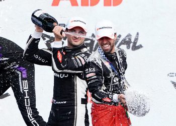 MADRID, SPAIN - MARCH 21: Second placed Mitch Evans of New Zealand and Jaguar TCS Racing and Race winner Antonio Felix da Costa of Portugal and Jaguar TCS Racing celebrate on the podium during the Madrid E-Prix, Round 6 of the 2026 FIA Formula E World Championship at Circuito del Jarama on March 21, 2026 in Madrid, Spain. (Photo by Malcolm Griffiths/LAT Images)