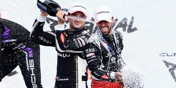 MADRID, SPAIN - MARCH 21: Second placed Mitch Evans of New Zealand and Jaguar TCS Racing and Race winner Antonio Felix da Costa of Portugal and Jaguar TCS Racing celebrate on the podium during the Madrid E-Prix, Round 6 of the 2026 FIA Formula E World Championship at Circuito del Jarama on March 21, 2026 in Madrid, Spain. (Photo by Malcolm Griffiths/LAT Images)